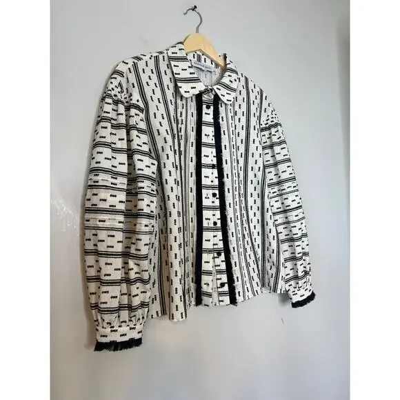 NEW Hunter Bell Ezra Long Sleeves Collared Dot Fringe Button Top in White/Black - Picture 3 of 7